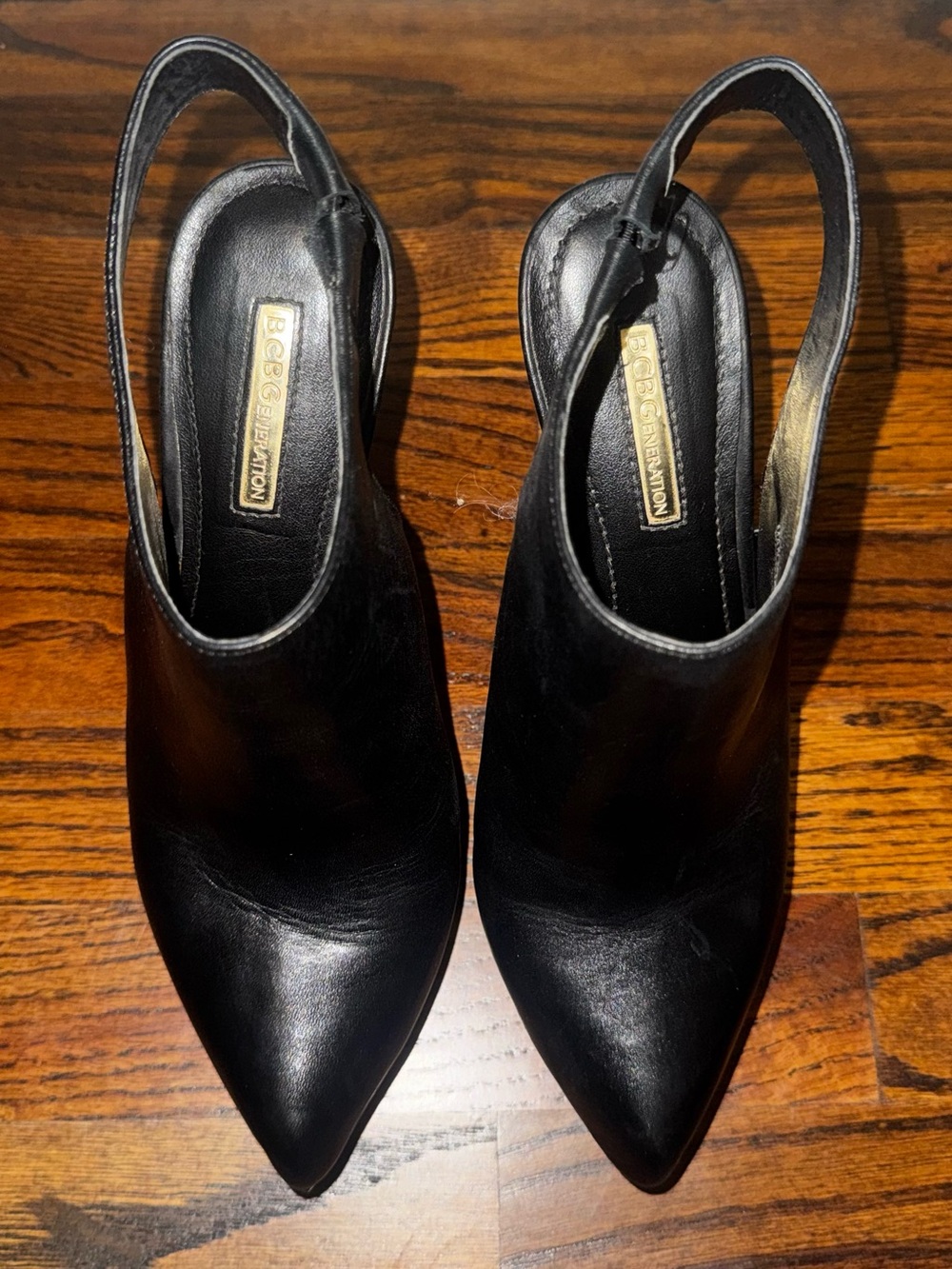 BCBGeneration Black Pointed Leather Slingback Heels